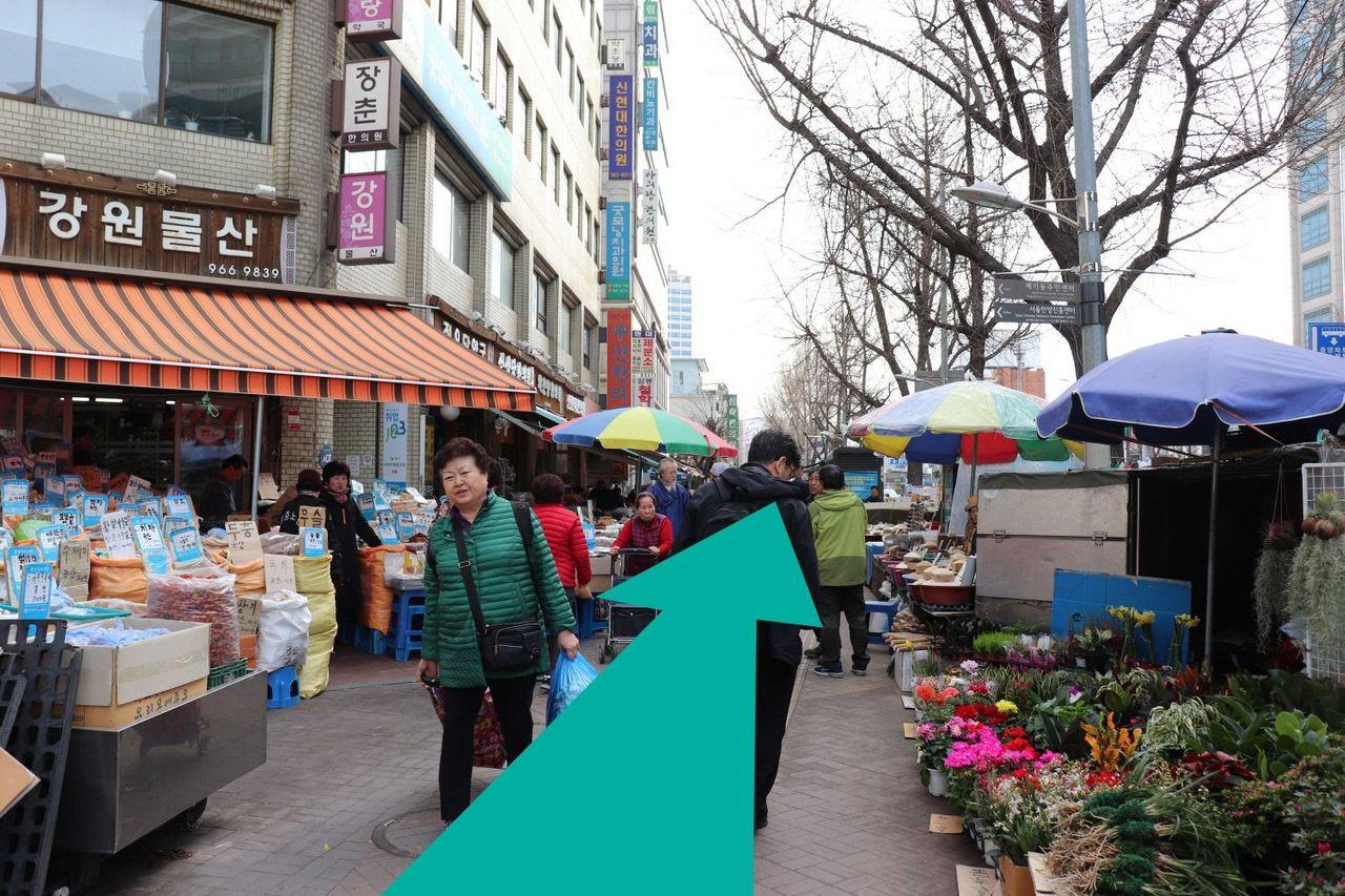 Con đường thương mại trong chợ dược liệu Seoul, thường xuyên đông đúc với người mua sắm.